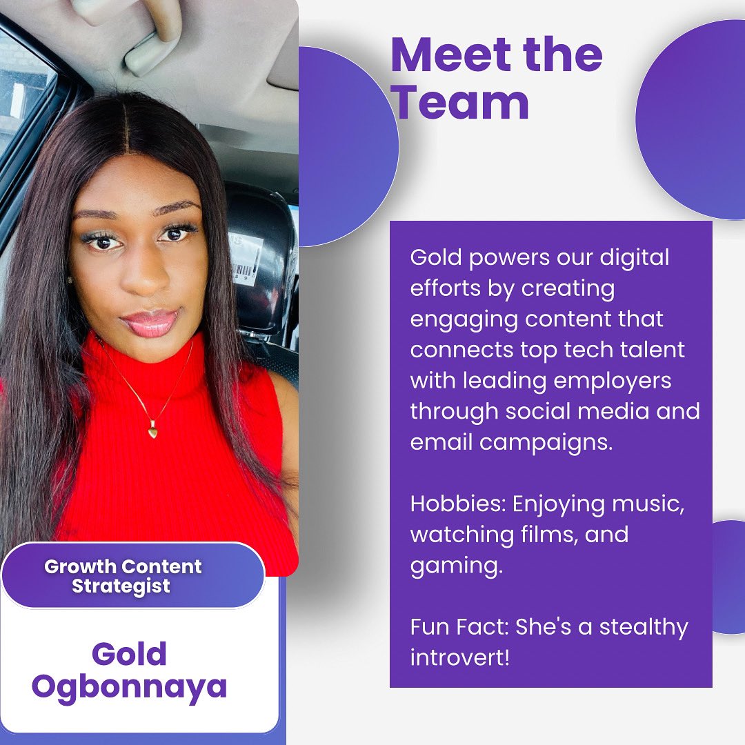 CodegarageA's tweet image. Meet Gold
Gold drives our online growth by creating smart, engaging content that connects top tech talent with global employers. From social media to email campaigns, she make sure our message hits the mark.
Hobbies: Enjoying music, watching movies, and gaming