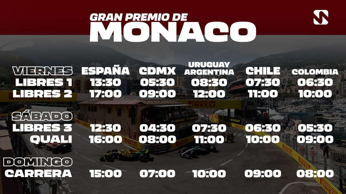🏁 H O R A R I O S 🏁

Llega uno de los fines de semana más especiales del año. Llega el Gran Premio de Mónaco 🇲🇨.

El sábado nos espera la mejor clasificación del año, y el domingo, con la nueva normativa de neumáticos, veremos...

Comparte los horarios, salva una vida.