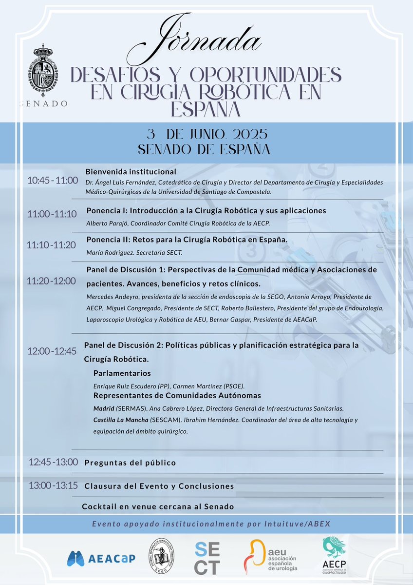 Cáncer de Pulmón (@aeacap) on Twitter photo 🔵🫁 Las sociedades <a href="/AECP_FAECP/">AECP</a>, <a href="/SECTtoracica/">SECT</a>, <a href="/SociedadSEGO/">Sociedad Española de Ginecología y Obstetricia</a>, <a href="/InfoAeu/">AEU</a> y <a href="/AEACaP/">Cáncer de Pulmón</a> impulsan un debate clave sobre la #cirugíarobótica en el <a href="/Senadoesp/">Senado de España</a>
🗓 3 de junio
🕥 10:30 h
📍 Calle de Bailén, 3
ℹ️ Inscríbete aquí 👉 forms.gle/wLAmD6mf4Cm9U1…
#saludpública #equidadensalud 🔵🫁 Las sociedades <a href="/AECP_FAECP/">AECP</a>, <a href="/SECTtoracica/">SECT</a>, <a href="/SociedadSEGO/">Sociedad Española de Ginecología y Obstetricia</a>, <a href="/InfoAeu/">AEU</a> y <a href="/AEACaP/">Cáncer de Pulmón</a> impulsan un debate clave sobre la #cirugíarobótica en el <a href="/Senadoesp/">Senado de España</a>
🗓 3 de junio
🕥 10:30 h
📍 Calle de Bailén, 3
ℹ️ Inscríbete aquí 👉 forms.gle/wLAmD6mf4Cm9U1…
#saludpública #equidadensalud