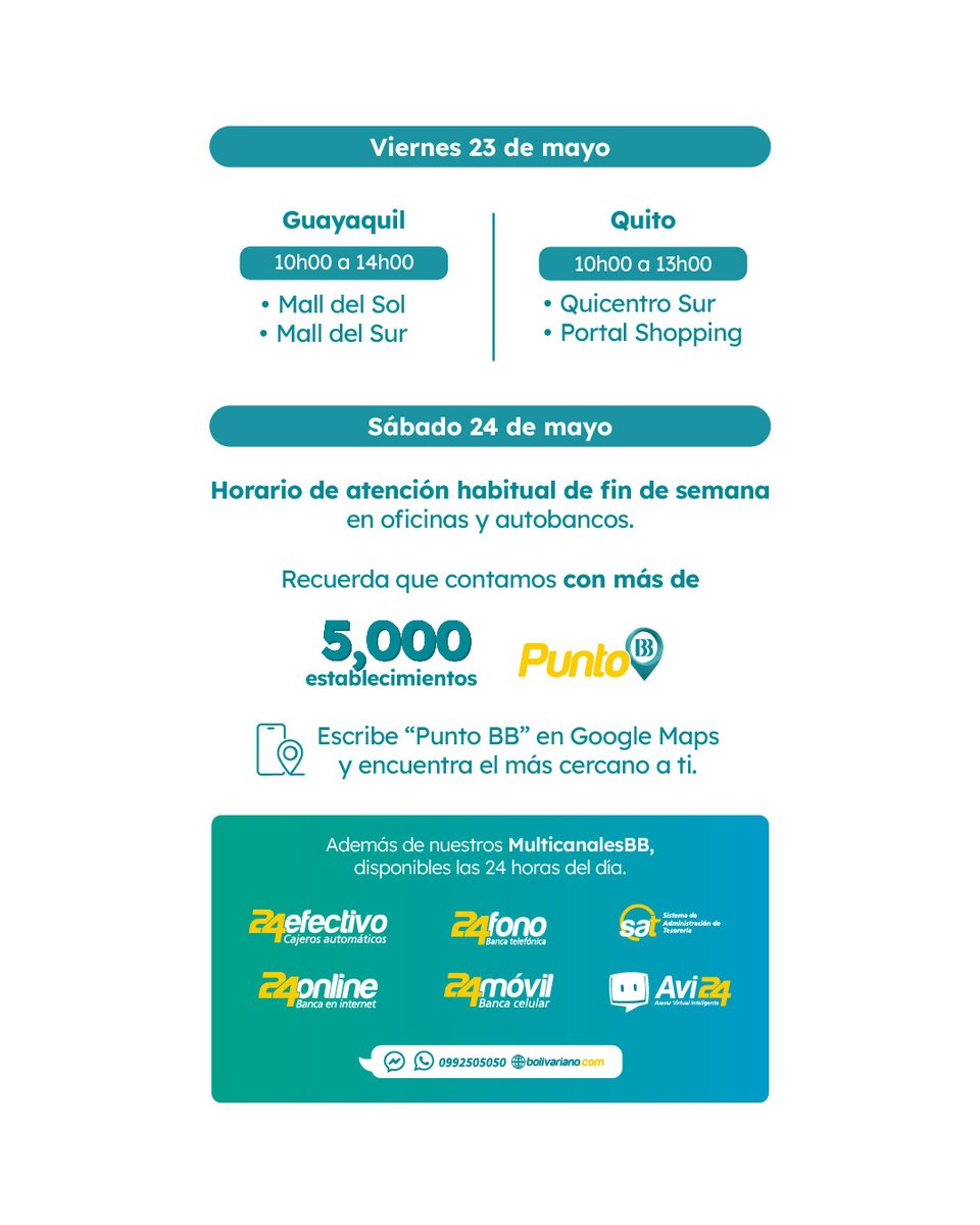 ¡Estamos Contigo este feriado! 🙌​

Desliza para conocer nuestros horarios de atención ➡️​

Escribe "Punto BB" en Google maps o encuentra el más cercano en: bolivariano.com/personas/mas-s…

#BancoBolivariano #feriado #BB45AñosContigo #EresLoQueNosMueve