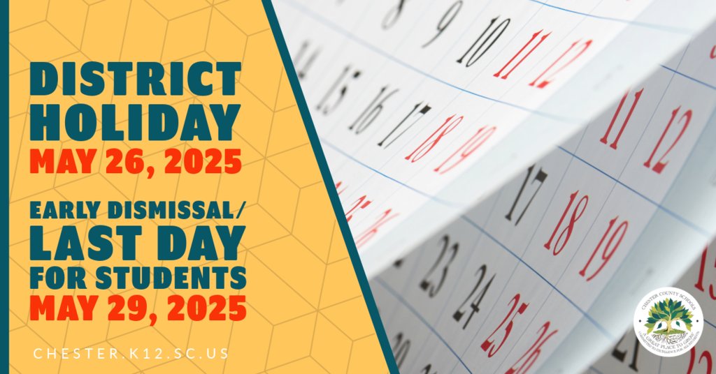 All CCSD facilities will be CLOSED Monday, 5/26/25, in observance of Memorial Day. Normal school district operations will resume on Tuesday, 5/27/25. The last day for students is Thursday, 5/29/25, which will also be a half day. Please visit our website for dismissal times.