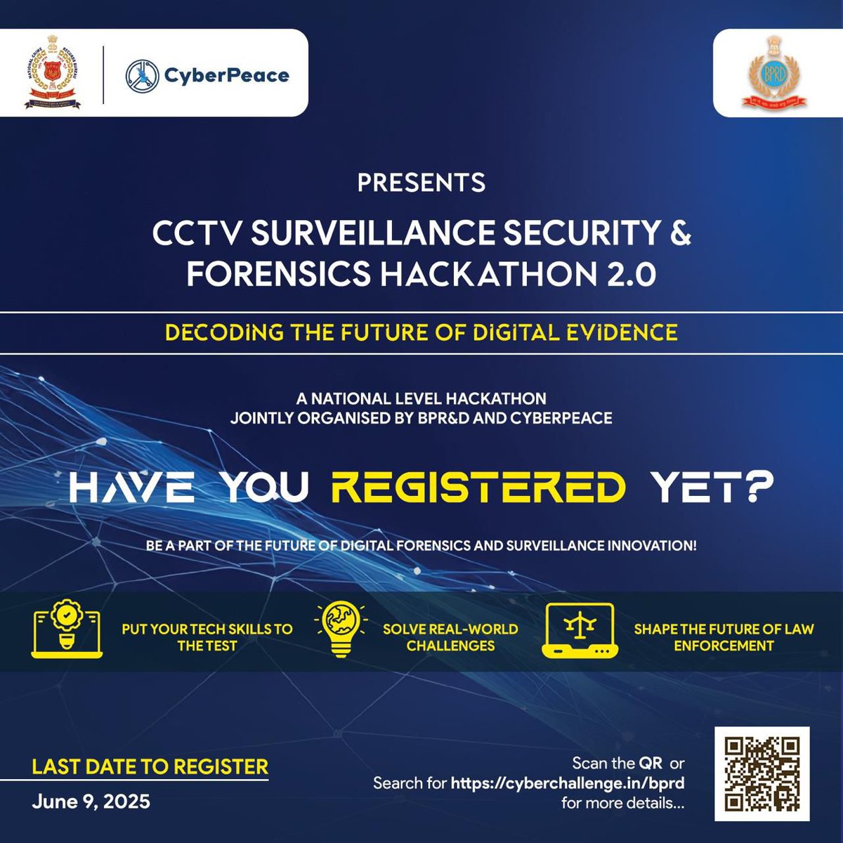 Spokesperson, Ministry of Home Affairs (@pibhomeaffairs) on Twitter photo BPR&D launches National Hackathon on CCTV Solutions for Law Enforcement in association with NCRB and CyberPeace Foundation
Read: pib.gov.in/PressReleasePaтАж
<a href="/HMOIndia/">рдЧреГрд╣рдордВрддреНрд░реА рдХрд╛рд░реНрдпрд╛рд▓рдп, HMO India</a>
<a href="/PIB_India/">PIB India</a>
<a href="/BPRDIndia/">Bureau of Police Research & Development</a>
<a href="/NCRBHQ/">NCRB</a>
<a href="/cyberpeacengo/">CyberPeace Foundation</a> BPR&D launches National Hackathon on CCTV Solutions for Law Enforcement in association with NCRB and CyberPeace Foundation
Read: pib.gov.in/PressReleasePaтАж
<a href="/HMOIndia/">рдЧреГрд╣рдордВрддреНрд░реА рдХрд╛рд░реНрдпрд╛рд▓рдп, HMO India</a>
<a href="/PIB_India/">PIB India</a>
<a href="/BPRDIndia/">Bureau of Police Research & Development</a>
<a href="/NCRBHQ/">NCRB</a>
<a href="/cyberpeacengo/">CyberPeace Foundation</a>