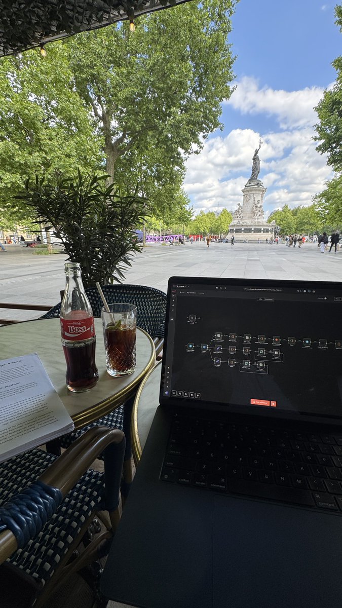 Nothing like an afternoon of 
 – <a href="/n8n_io/">n8n.io</a> solopreneur agentic AI workflows 
 – my favorite people watching spot
 – a <a href="/cocacolafr/">Coca-Cola France</a> that agrees 

I love my office but conférence room B isn't too shabby 

🦙🤖