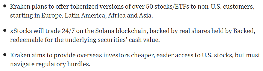Nate Geraci (@nategeraci) on Twitter photo Kraken planning on offering tokenized stocks & ETFs to overseas customers…
Includes tokenized versions of SPDR S&P 500 ETF (SPY) and SPDR Gold Shares (GLD).
24/7 trading.
On Solana blockchain.
Hope you’re paying attention.
via <a href="/aosipovich/">Alexander Osipovich</a> Kraken planning on offering tokenized stocks & ETFs to overseas customers…
Includes tokenized versions of SPDR S&P 500 ETF (SPY) and SPDR Gold Shares (GLD).
24/7 trading.
On Solana blockchain.
Hope you’re paying attention.
via <a href="/aosipovich/">Alexander Osipovich</a>