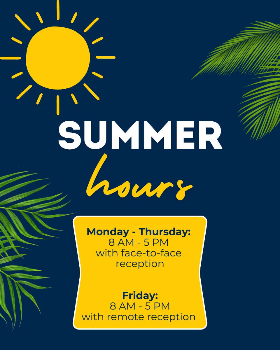 UMFlintNursing's tweet photo. ☀️ IT'S SUMMER! ☀️ 

Summer hours for services include: 
✅ Monday - Thursday:  8 AM - 5 PM with face-to-face reception 

✅ Friday:  8 AM - 5 PM with remote reception https://t.co/xytVsBNKLQ