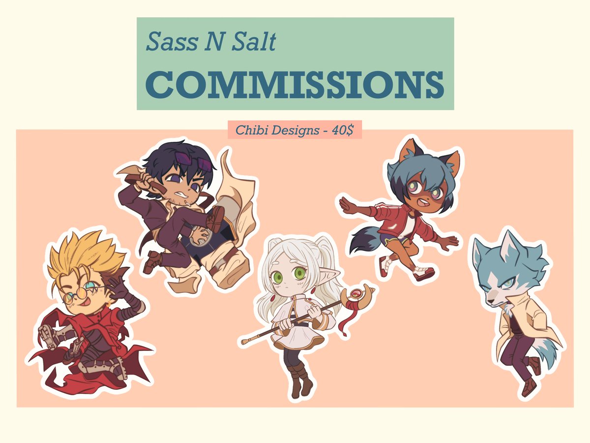 SassN_Salt's tweet image. i’m opening my commissions, cause i’ve been out of my studio job for 3 months now🤡 so kinda emergency comms? even if you can’t get one, sharing this can help greatly, so thanks to those who will!!🙏🫶
#comms #commissions #commissionsopen #trigun #vashwood #frieren #bna #chibiart