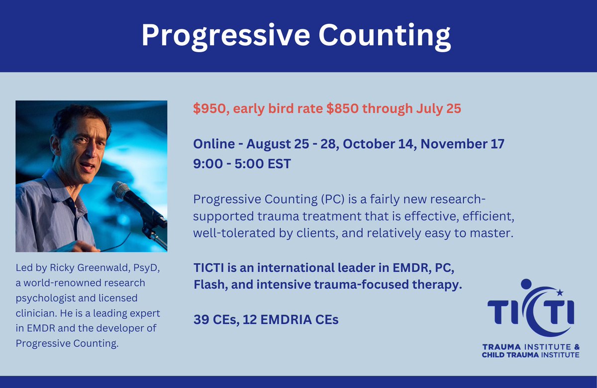 Starts August 25

This is a hands-on clinical skills training for using Progressive Counting with clients of all ages who have been exposed to significant trauma or loss.

ticti.org/training/progr…