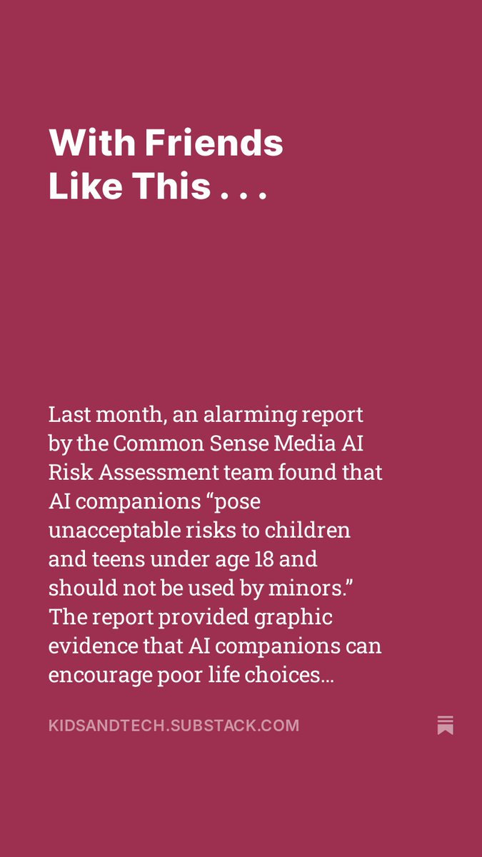 Big news! I’m launching a new Substack page "Which Side of History: Kids and Tech in the AI Era" with my friend and colleague Bruce Reed. Each week, we'll explore the urgent issues of our time relating to kids, technology and education. Subscribe today:
kidsandtech.substack.com/p/with-friends…