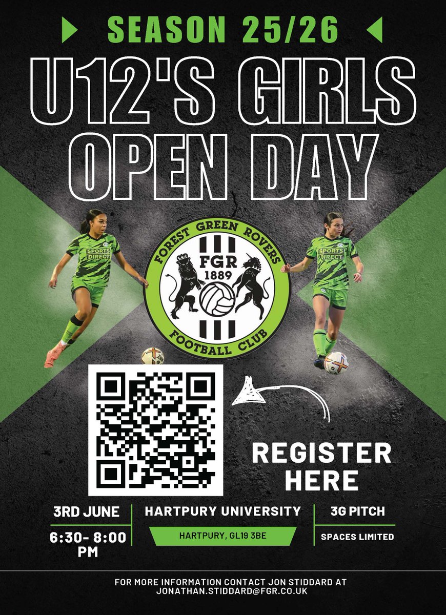 Forest Green Rovers Women (@fgrfc_women) on Twitter photo 🗓️ Register your interest for our U12's open day at Hartpury University.
🕡This will take place on June 3rd, 6:30-8:00pm.
🤳Scan the QR code below to register.
📰 For any extra details see the email below.
#WeAreFGR💚 | <a href="/SportsDirectUK/">Sports Direct</a> 🗓️ Register your interest for our U12's open day at Hartpury University.
🕡This will take place on June 3rd, 6:30-8:00pm.
🤳Scan the QR code below to register.
📰 For any extra details see the email below.
#WeAreFGR💚 | <a href="/SportsDirectUK/">Sports Direct</a>