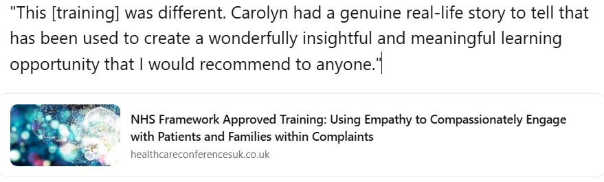 HCUK Clare π (@hcuk_clare) on Twitter photo Great feedback for <a href="/carolynccet/">Carolyn Cleveland</a> following her in-house training for @somersetft on Using Empathy to Compassionately Engage with Patients and Families within Complaints.
View Carolyn's related courses: healthcareconferencesuk.co.uk/conferences-ma⦠Great feedback for <a href="/carolynccet/">Carolyn Cleveland</a> following her in-house training for @somersetft on Using Empathy to Compassionately Engage with Patients and Families within Complaints.
View Carolyn's related courses: healthcareconferencesuk.co.uk/conferences-maβ¦