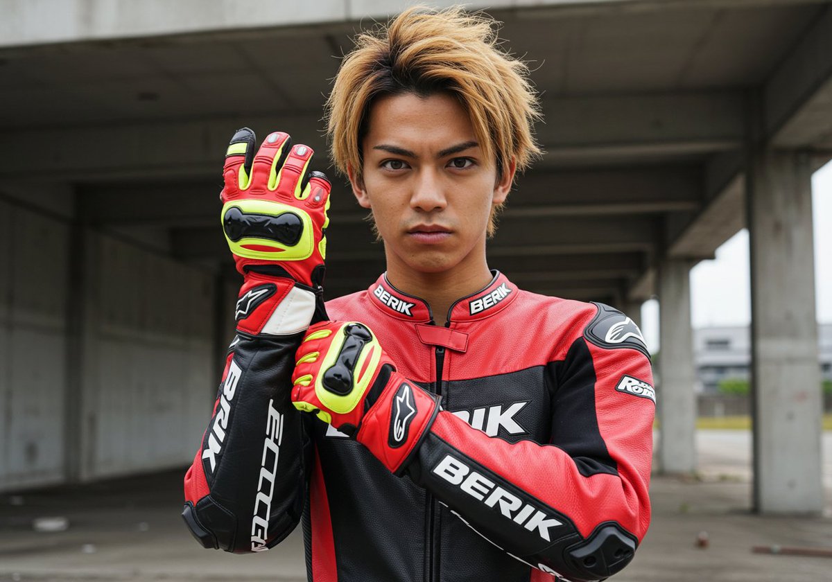 時々出来る、超イケメン革ツナギ青年。 レーシンググローブ装着シーン