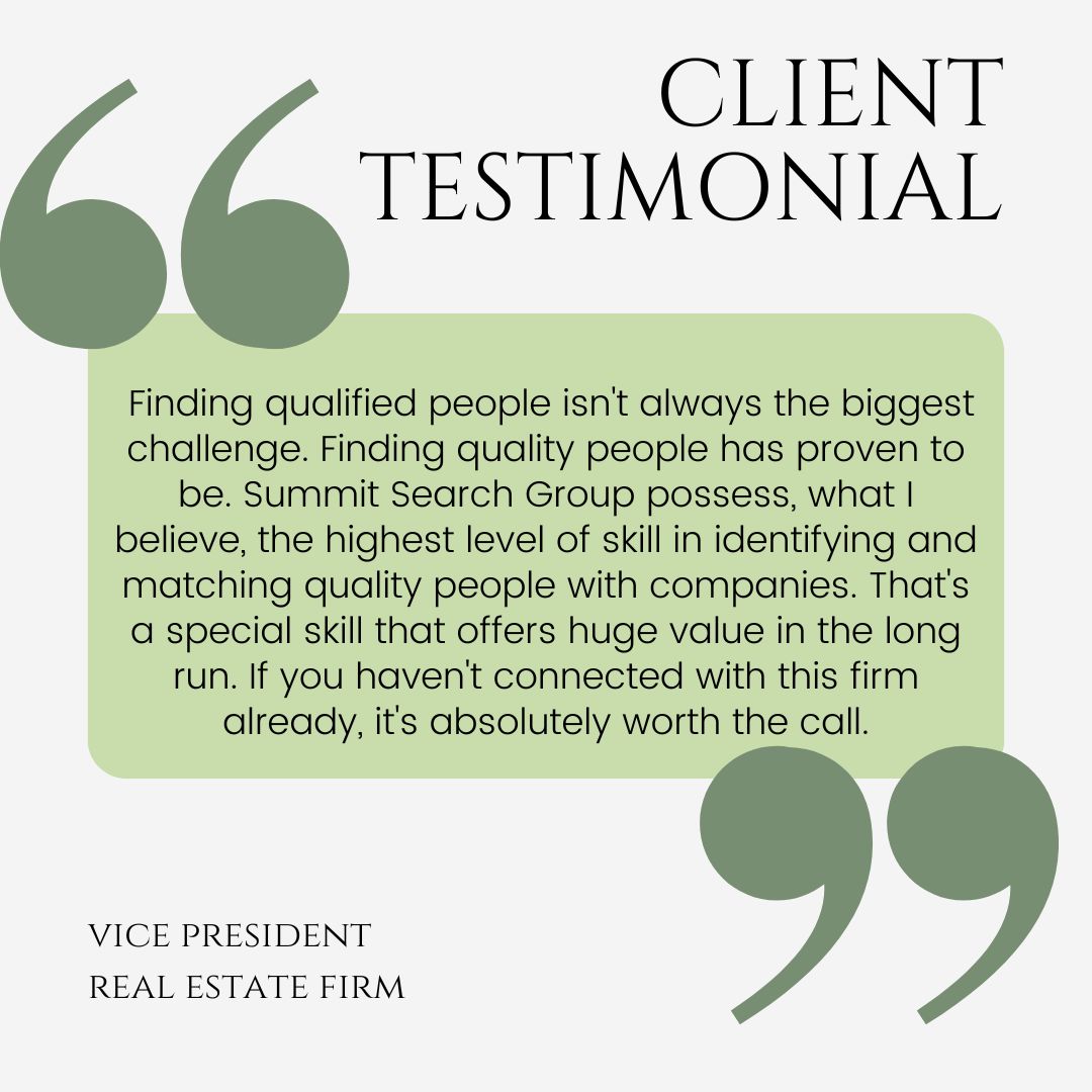 Another happy client ✅ 
Summit Search Group delivers again! 🙌
Finding the right talent, the right way. 

Get in touch today if you need help finding top talent for your business!