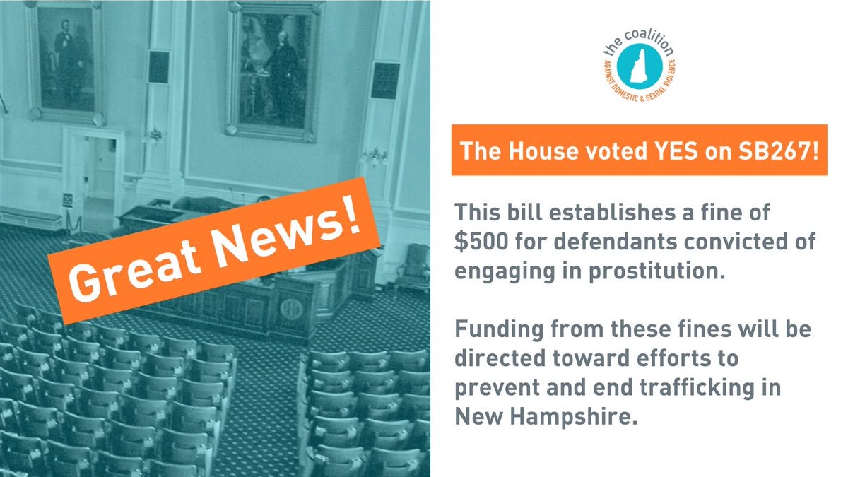 Great News! The House voted YES on SB267, which will establish a mandatory $500 fine for engaging in prostitution as a patron. Funds collected from these fines will go towards efforts to prevent and end human trafficking in New Hampshire. #NHPolitics