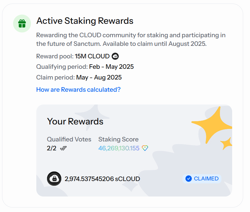 stakerunnersol's tweet photo. Just claimed my ASR rewards from @sanctumso: 3k $sCLOUD stronger. 🥇
Being early & active paid off.
#SanctumDAO #sCLOUD #Solana https://t.co/Gf4LgAYLOu