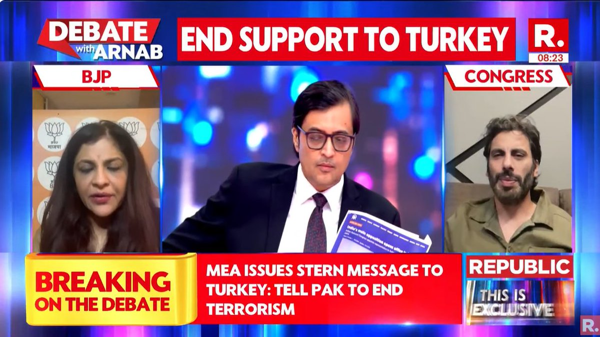 republic's tweet photo. #BanTurkey | Turkey has consistently supported Pakistan and even compared Kashmir with Palestine: Shazia Illmi (@shaziailmi), BJP National Spokesperson
#SuperprimetimeMax with Arnab Goswami. Tune in and fire in your views -https://t.co/eyKcnkHGqM…
#BoycottTurkey #IndiaTurkey #PakistanTurkey #IndiaPakistan #NationFirst #IndiaWithArmedForces #ArmedForces