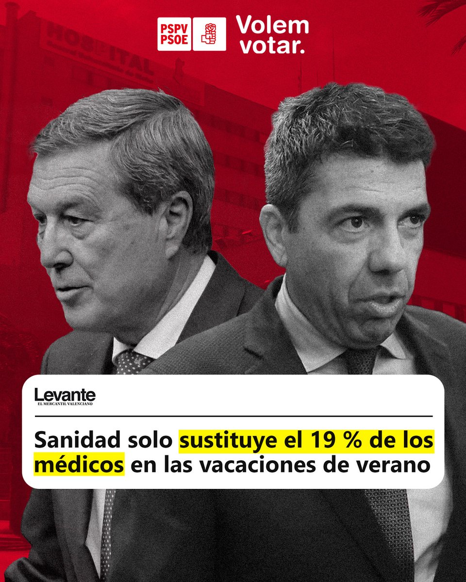 PSPV-PSOE (@socialistesval) on Twitter photo 🏥Un altre estiu que el PP de Mazón perjudicarà als valencians i a la qualitat de la nostra sanitat pública.
#MazónDimissió #VolemVotar
🗞️<a href="/levante_emv/">Levante-EMV</a>
levante-emv.com/comunitat-vale… 🏥Un altre estiu que el PP de Mazón perjudicarà als valencians i a la qualitat de la nostra sanitat pública.
#MazónDimissió #VolemVotar
🗞️<a href="/levante_emv/">Levante-EMV</a>
levante-emv.com/comunitat-vale…