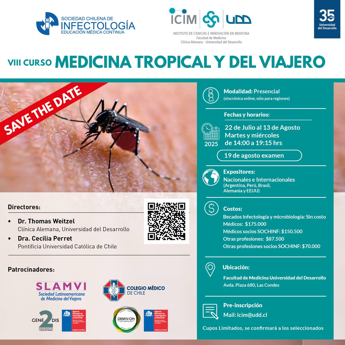 arbohvirus's tweet image. 📢Hoy comienza el VIII Curso de Medicina Tropical y del Viajero, organizado por la @UDD_FM donde el equipo #DEMIVOH estará participando. Más información: bit.ly/42eALAy
@ANID_Chile
@CentrosAnid
@uvalpochile
@umcecl
@InstitutoIficc
#arbOHvirus #OneHealth