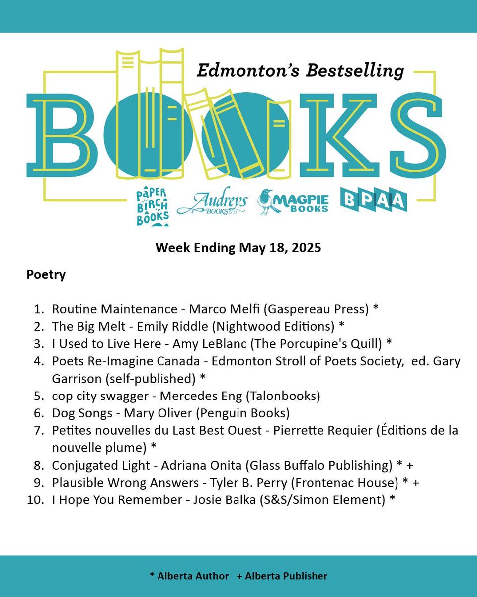 BPAA (@abbookpub) on Twitter photo Edmonton’s Bestselling Books for the week ending May 18, 2025! #ABbooks <a href="/AudreysBooks/">Audreys Books</a> @frontenachouse Edmonton’s Bestselling Books for the week ending May 18, 2025! #ABbooks <a href="/AudreysBooks/">Audreys Books</a> @frontenachouse
