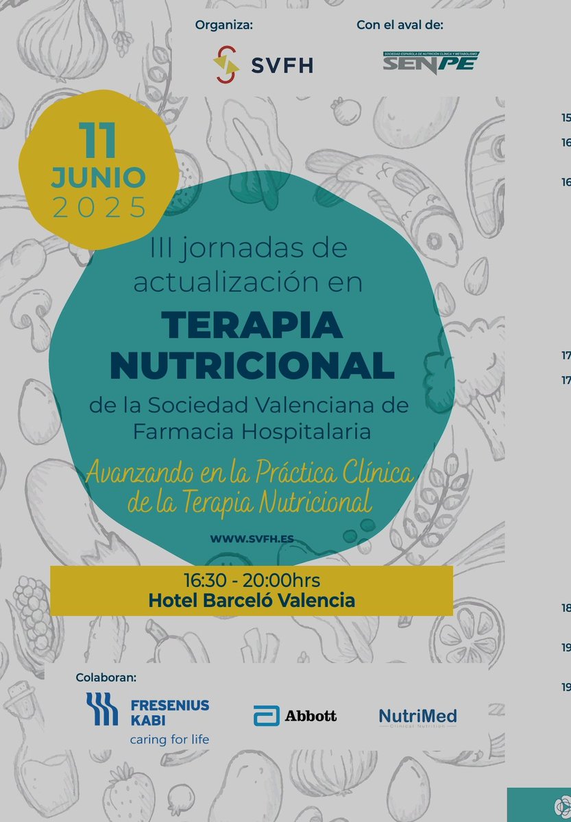 📌III jornadas de actualización en TERAPIA NUTRICIONAL de la Sociedad Valenciana de Farmacia Hospitalaria. 

"Avanzando en la Práctica Clínica de la Terapia Nutricional"

📅 11 de junio en Valencia

👥Organiza la <a href="/SVFH_/">SVFH</a>

➡️Toda la información aquí: senpe.com/documentacion/…