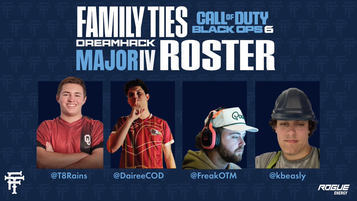 Thought we wouldn’t be at Dreamhack⁉️
Think again🧠

Announcing our Official Major 4 Challengers Roster competing this weekend in Texas🤠

🎮<a href="/FreakOTM/">Jordan</a> (C)
🎮<a href="/T8Rains/">T8</a> 
🎮<a href="/DaireeCOD/">Dalton</a> 
🎮<a href="/Kbeasly_/">KB</a> 

Bring it home fellas 🏆

#FamilyTies |  #MoreThanAnOrg