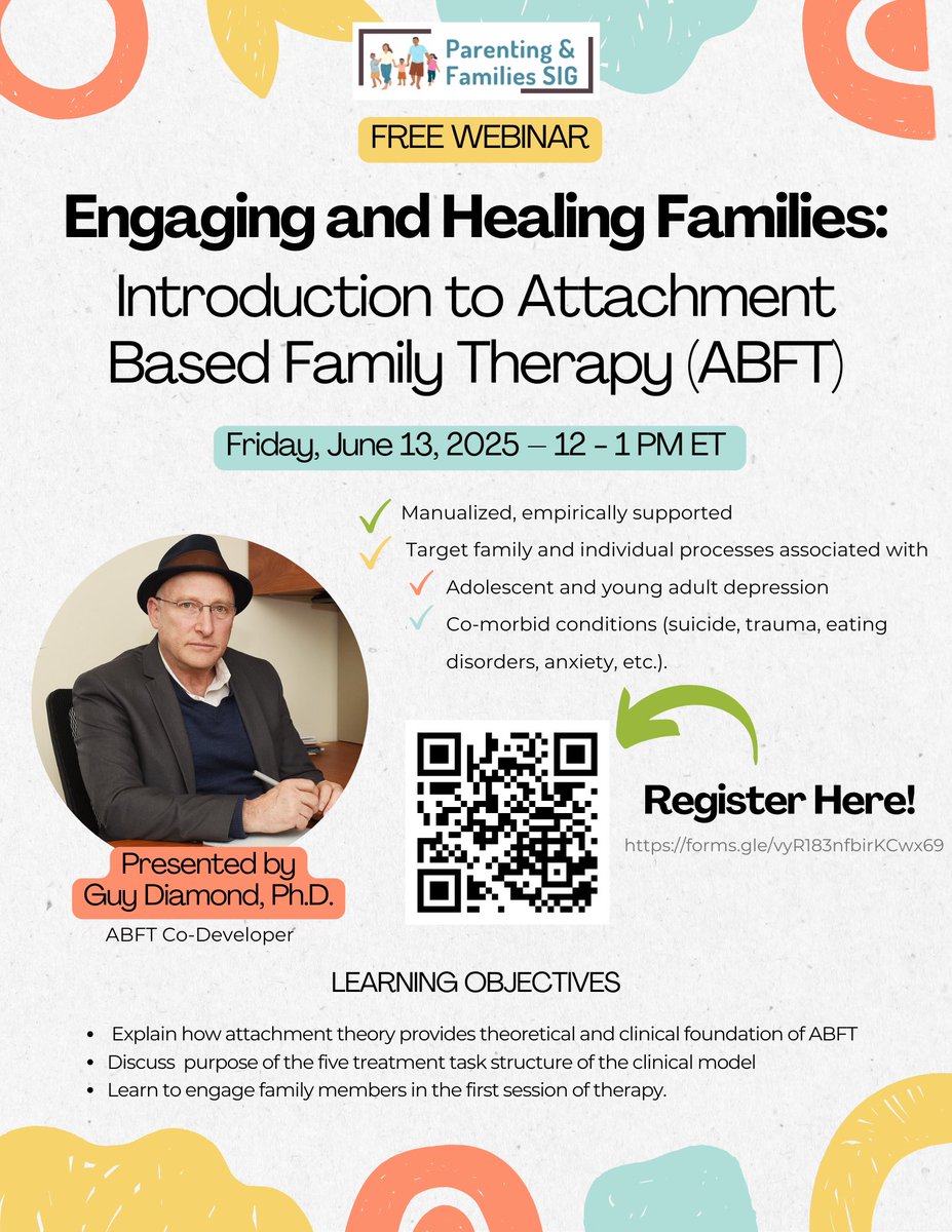 ABCT Parenting and Families SIG (@abctpfsig) on Twitter photo Everyone mark your calendar🗓️! On Friday June 13th <a href="/12pm/">nour zohbi</a> ET, Dr. Guy Diamond willl be presenting on the topic of Engaging and Healing Families: Introduction to Attachment Based Family Therapy (ABFT).
⬇️⬇️⬇️⬇️⬇️⬇️⬇️⬇️⬇️⬇️
REGISTER HERE: docs.google.com/forms/d/e/1FAI… Everyone mark your calendar🗓️! On Friday June 13th <a href="/12pm/">nour zohbi</a> ET, Dr. Guy Diamond willl be presenting on the topic of Engaging and Healing Families: Introduction to Attachment Based Family Therapy (ABFT).
⬇️⬇️⬇️⬇️⬇️⬇️⬇️⬇️⬇️⬇️
REGISTER HERE: docs.google.com/forms/d/e/1FAI…