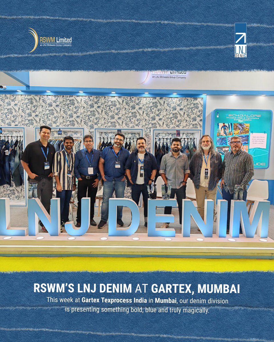 rswmofficial's tweet photo. A strong start for LNJ Denim at @gartex_india 2025. Grateful for the warm response to #GLIDE, our AW26 collection, from clients & visitors on Day 1. We’re here till 24 May — stop by our booth to explore the future of denim.
#RSWM #LNJDenim #DenimCollection https://t.co/q4b94xMCvO