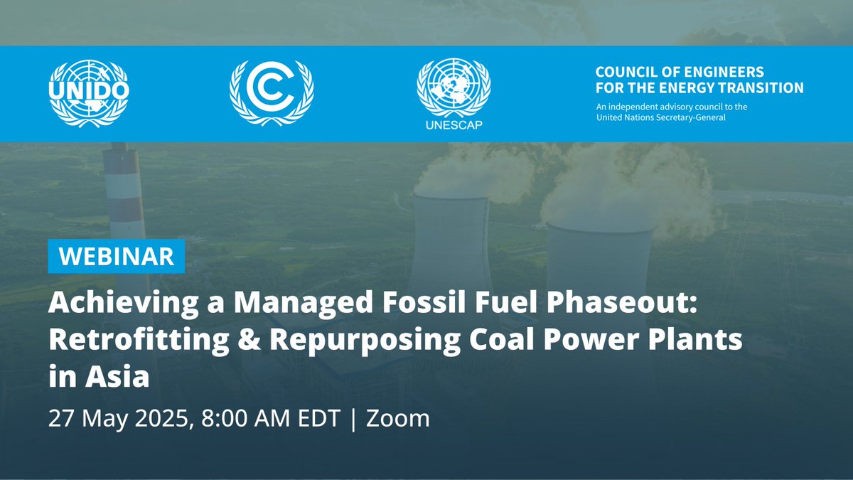 SDSN (@unsdsn) on Twitter photo 📢 Next week, join the #CEET, <a href="/UNIDO/">UNIDO</a>, <a href="/UNFCCC/">UN Climate Change</a>, & <a href="/UNESCAP/">United Nations ESCAP</a> for a session on phasing out coal in Asia through retrofitting & repurposing power plants.
🗓️ May 27, 8:00 AM EDT
🔗 Register: us02web.zoom.us/webinar/regist…
#EnergyTransition #CoalPhaseout #SDG7 📢 Next week, join the #CEET, <a href="/UNIDO/">UNIDO</a>, <a href="/UNFCCC/">UN Climate Change</a>, & <a href="/UNESCAP/">United Nations ESCAP</a> for a session on phasing out coal in Asia through retrofitting & repurposing power plants.
🗓️ May 27, 8:00 AM EDT
🔗 Register: us02web.zoom.us/webinar/regist…
#EnergyTransition #CoalPhaseout #SDG7