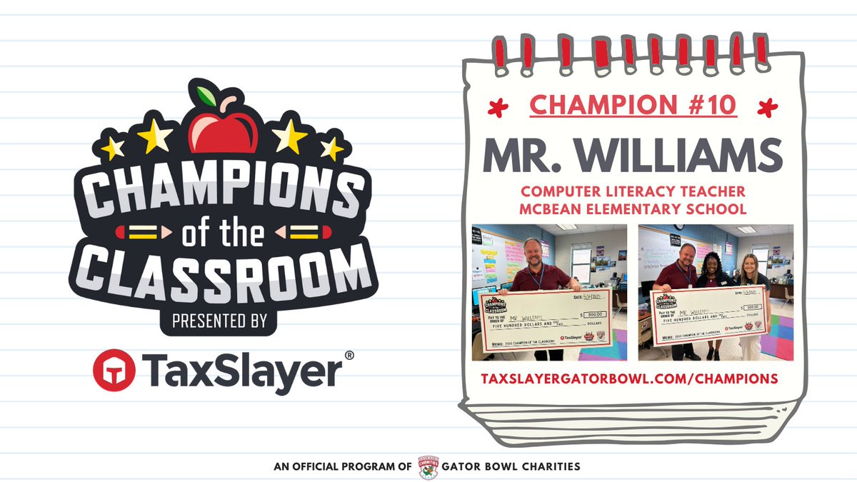 TaxSlayer Gator Bowl (@taxslayerbowl) on Twitter photo Meet our 10th Champion of the Classroom presented by <a href="/TaxSlayer/">TaxSlayer</a>... Mr. Williams, the K-5 computer literacy teacher at McBean Elementary in <a href="/RCSS_GA/">Richmond Co Schools</a> 🍎
“I have found my niche with STEM & computer literacy. Kids enjoy coming to class to learn coding & that helps me stay motivated" Meet our 10th Champion of the Classroom presented by <a href="/TaxSlayer/">TaxSlayer</a>... Mr. Williams, the K-5 computer literacy teacher at McBean Elementary in <a href="/RCSS_GA/">Richmond Co Schools</a> 🍎
“I have found my niche with STEM & computer literacy. Kids enjoy coming to class to learn coding & that helps me stay motivated"