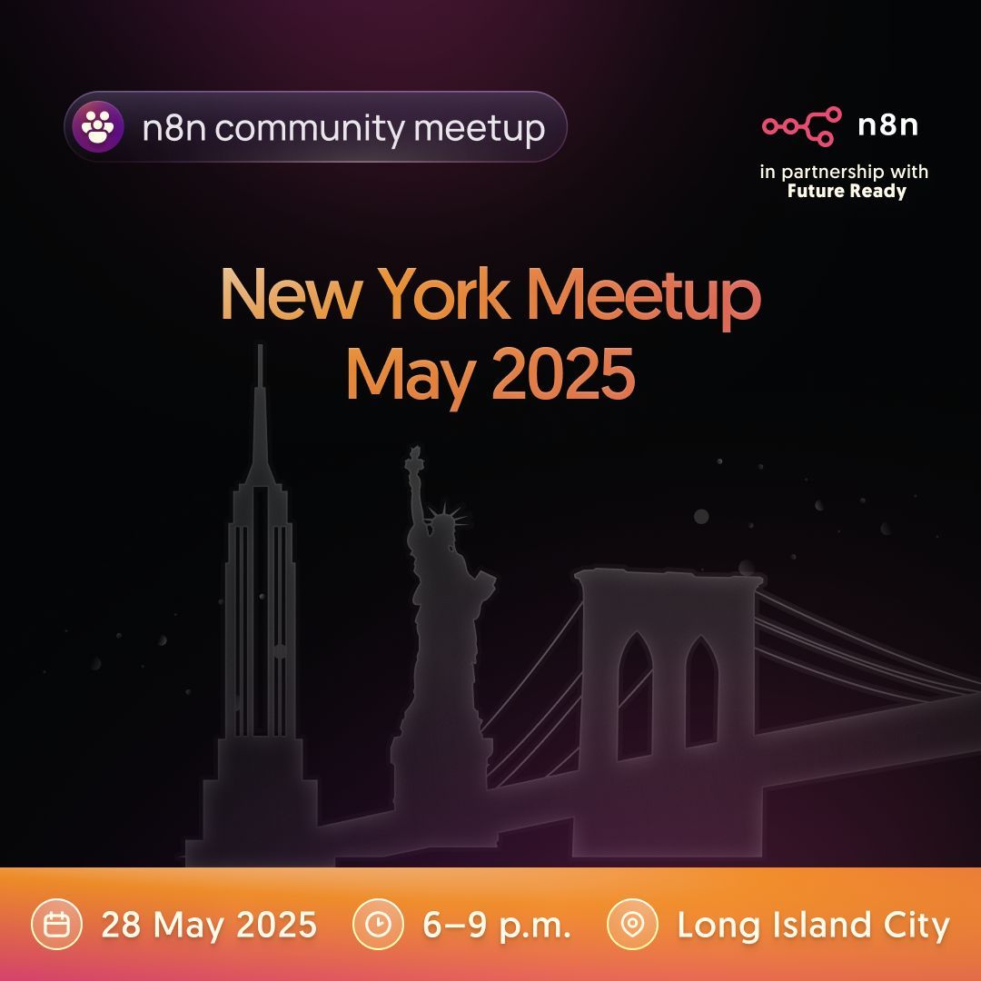 n8n_io's tweet photo. Hey New York! 🇺🇸 Our community is gathering for the very first time in Queens. Join for n8n talks and great food, views, and good vibes!

https://t.co/2TstP8Wp6c

#n8n #community #nyc https://t.co/4k4r5yKowb