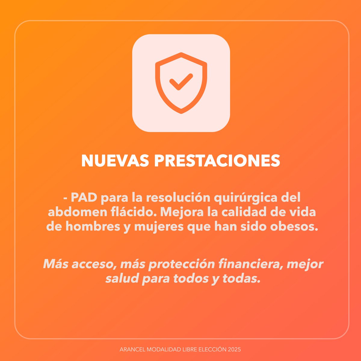 ¡Atención personas usuarias!
#Fonasa incorpora nuevas prestaciones de salud para la atención en Modalidad de Libre Elección.
Más acceso, más protección financiera, mejor salud para todos y todas. 
Conoce más detalles en fonasa.cl