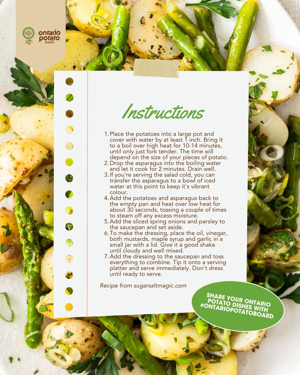 Fresh, simple, and in season — This Potato and Asparagus Salad is the perfect dish to add to your meal this week. 🍽️🌱🥔

Don’t forget to choose #OntarioPotatoes when you give this one a try!

📝 Recipe from Sugar Salt Magic