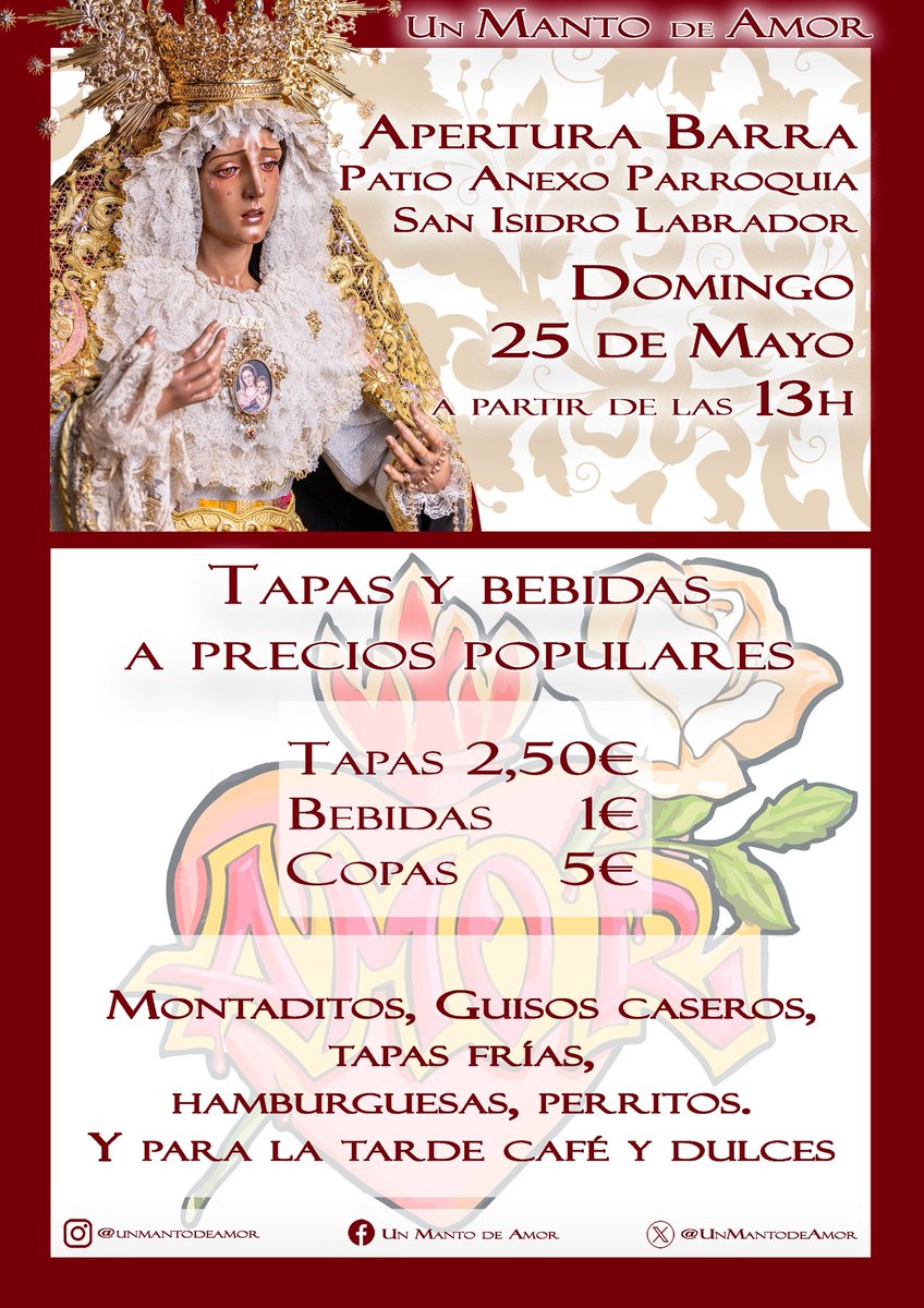 UnMantodeAmor's tweet photo. ℹ️ El próximo Domingo 25 a partir de las 13h abriremos la barra de la hermandad tras la misa parroquial.

Tendremos bebidas a 1€ (botellines muy fríos) y tapas a 2'5€: guisos, tapas frías, hamburguesas, perritos y montaditos! 

Os esperamos! 😊
#UnMantodeAmor
#AmorenNazaret https://t.co/ClBlxnL7oG
