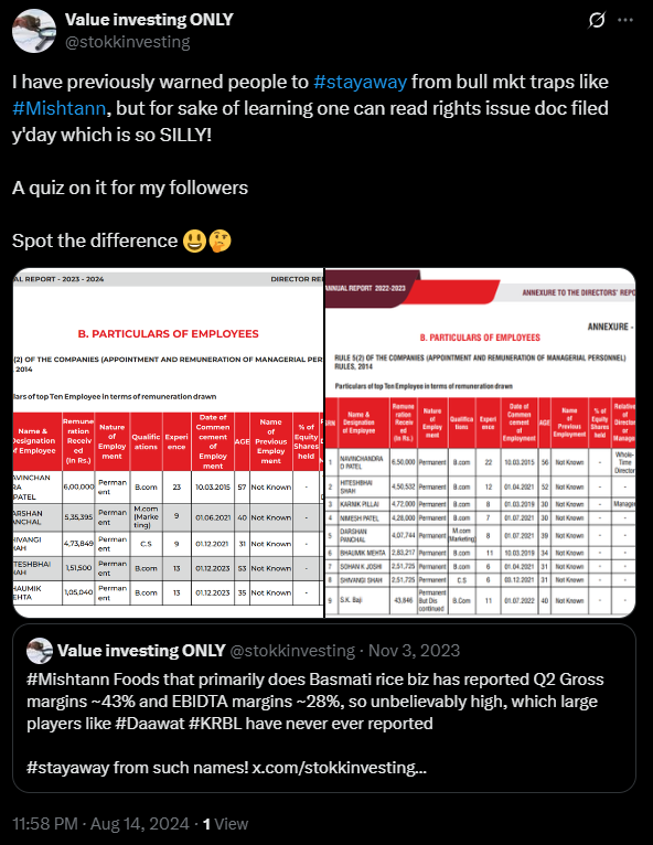 stokkinvesting's tweet photo. #Mishtann Foods is still reporting similar profits what it used to during the FY24 bull mkt.. but its no more worth it, as the scam is exposed and stock price crashed from 25 to just 5! https://t.co/VGuVy5dsBz