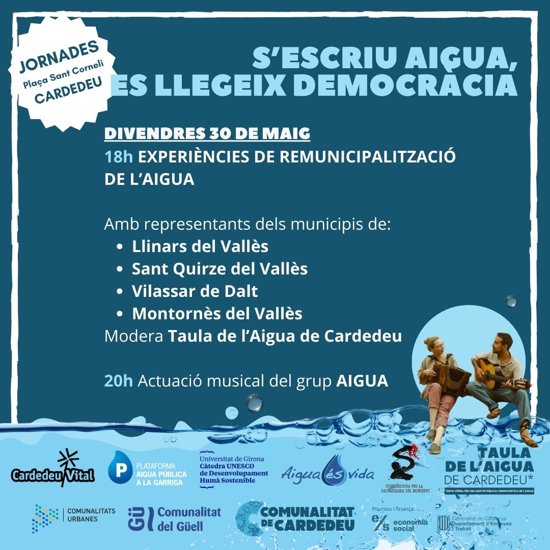 ComunalGuell's tweet photo. 🔜 El divendres 30/05 escoltarem diferents experiències de remunicipalització de l'aigua d'arreu del territori.

🔝 Amb @aiguacardedeu, @aiguaesvida, @ajllinarsvalles, @ajmontornes i @SQVaigua.

Si altres han pogut fer-ho, nosaltres també! 💧

Més info: https://t.co/1fj9ppAhgS https://t.co/MXWfmytq0W