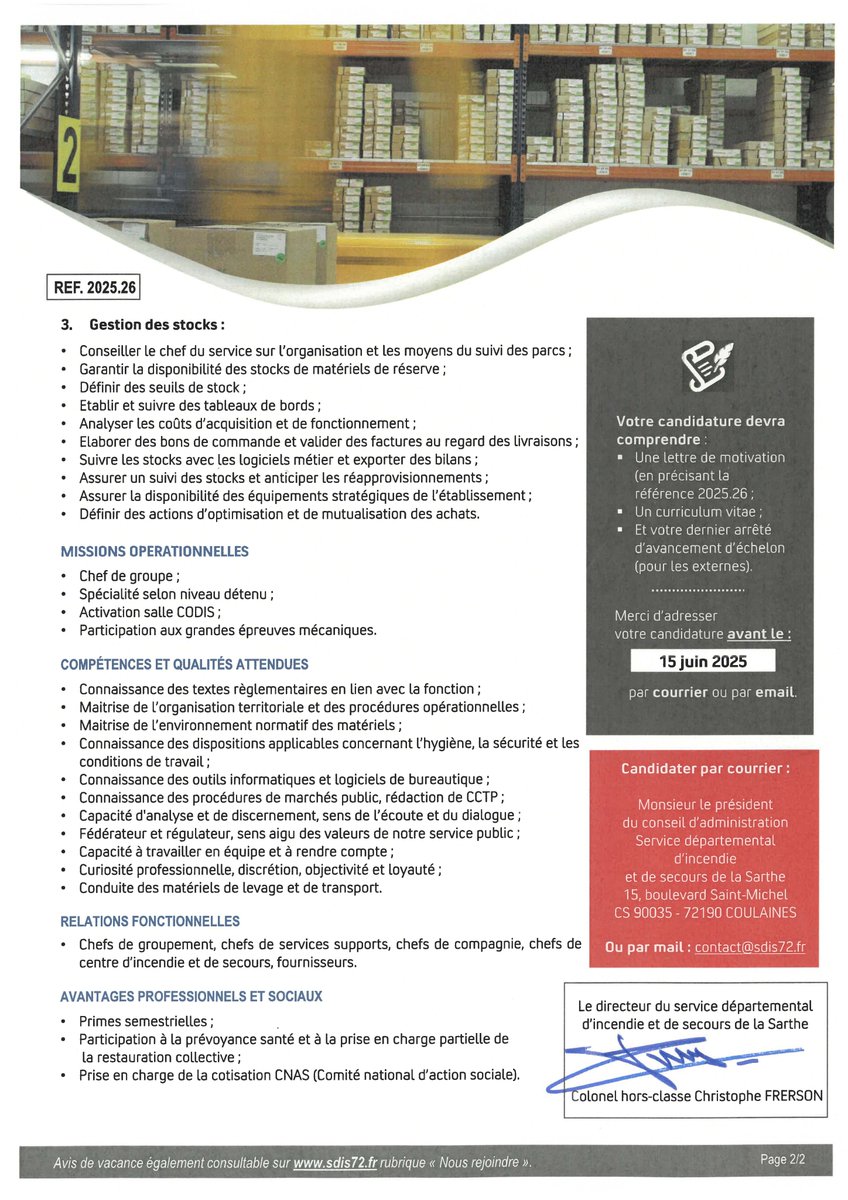 [#Recrutement] 👩‍💻👩‍💻
👉 Le #SDIS72 recrute un(e) chef(fe) de bureau Suivi des Parcs
📆 Les candidatures, avec la référence 2025.26, sont à envoyer avant le 15/06/2025
📝 Comment postuler ? Retrouvez l’offre ici : sdis72.fr/offres-demploi/

📣 N'hésitez pas à partager !