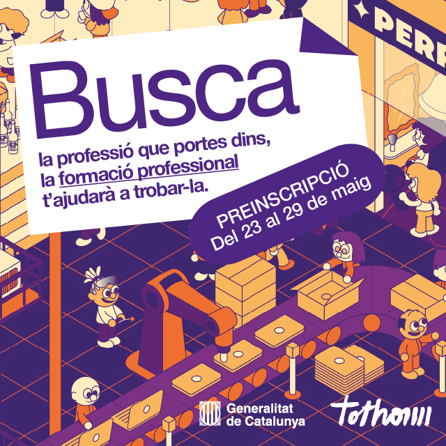 ✍️Preinscripció cicles formatius:
🗓️Del 23 al 29 de maig‼️
Per saber quantes places d’FP hi ha al centre on vols cursar la teva formació pots consultar l’oferta de places inicial de grau mitjà i grau superior aquí: preinscripcio.gencat.cat