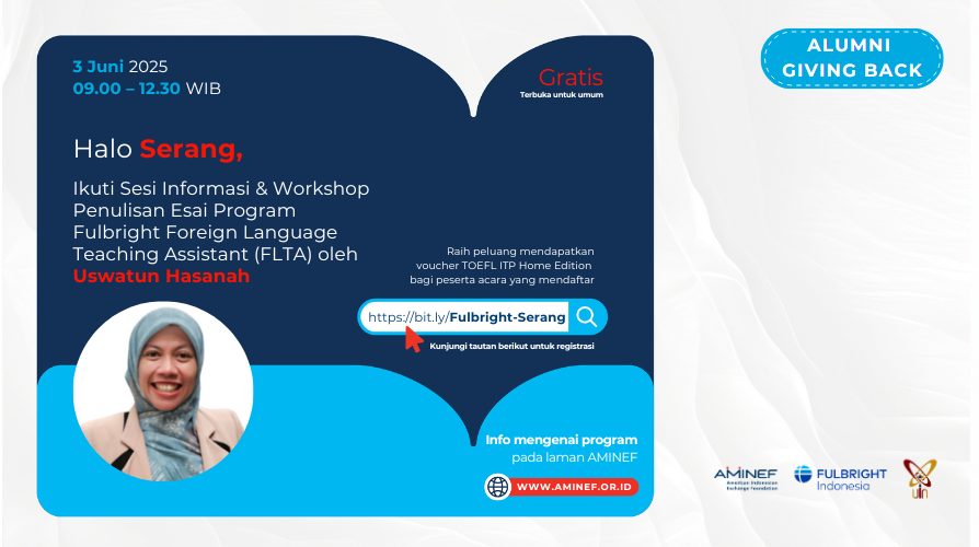 FulbrightID's tweet image. Dari Serang ke Amerika: ingin tahu bagaimana Fulbright FLTA menjadi jembatan meraih mimpi?

Mari bergabung pd sesi #AlumniGivingBack oleh Uswatun Hasanah, alumni Fulbright FLTA asal Serang, yang akan berbagi pengalaman mengajar di AS &amp;amp; membimbing calon pelamar dari komunitasnya.