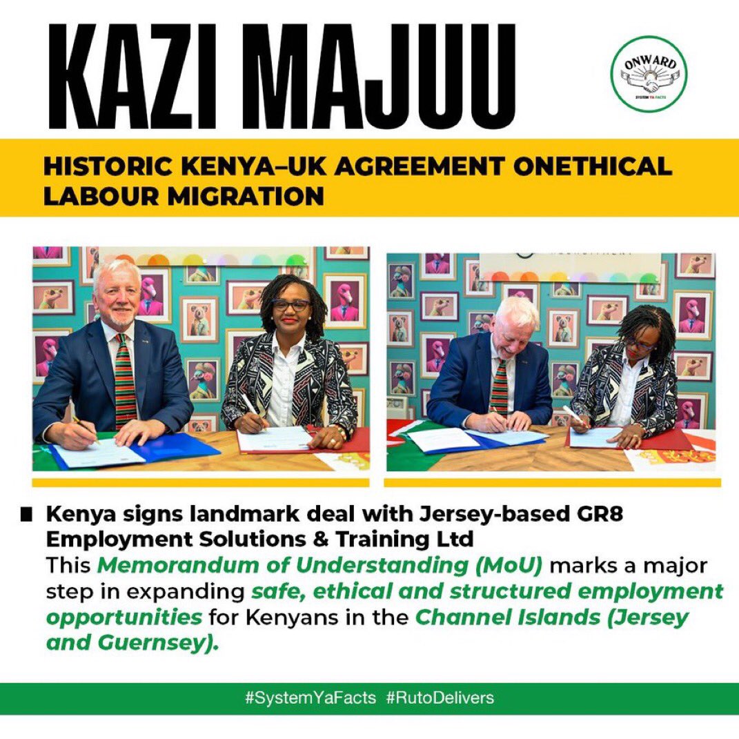 Xavi0261's tweet photo. Kenya has signed a landmark Memorandum of Understanding with Jersey-based GR8 Employment Solutions &amp; Training Ltd, paving the way for ethical, safe, and structured labour migration to the Channel.#kazimajuu https://t.co/HeT45gE8V4