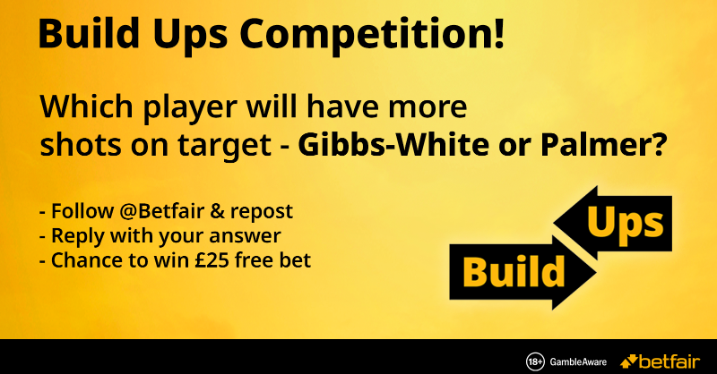 Betfair's tweet photo. #BuildUps Competition! π
Which player will have more shots on target, Morgan Gibbs-White or Cole Palmer?
Follow, repost and guess correctly - you could win a Β£25 free bet!
Click below for T&C's.