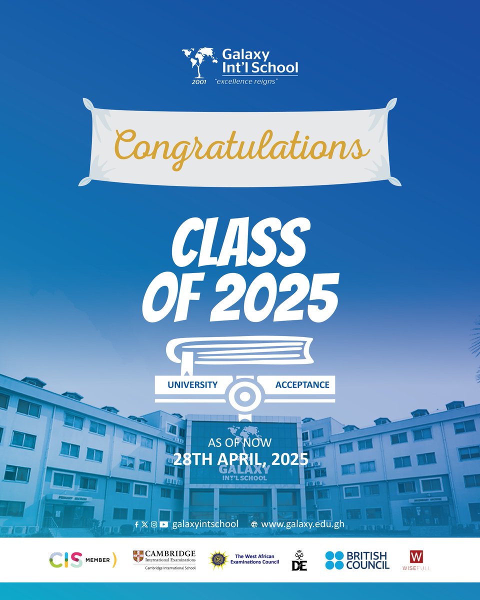 galaxyintschool's tweet photo. 🎓 Congrats to our Class of 2025!
Students at Galaxy Int’l School are already receiving offers from top global universities! 🌍✨
The future looks bright for our next generation of changemakers. 💫
#GalaxyInternationalSchool #UniversityBound #ClassOf2025 #TopSchoolsGhana #Success https://t.co/nbB1KULFP3