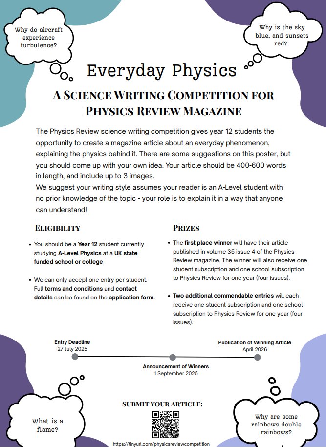 Some of the BEST team edit Physics Review magazine for A-level physics students. 
This writing competition is for Y12 physics students who attend a UK state school or college.
Closing date: 27 July
Prize: article in print &amp; a year's individual and school subscription.