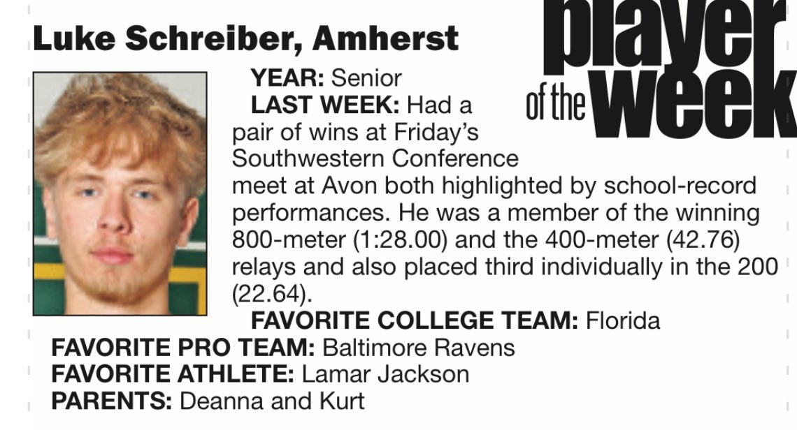 SteeleComets's tweet photo. Congratulations to Luke Schreiber on being named a Chronicle Telegram Track &amp; Field Athlete of the Week! https://t.co/zDpEu89He8