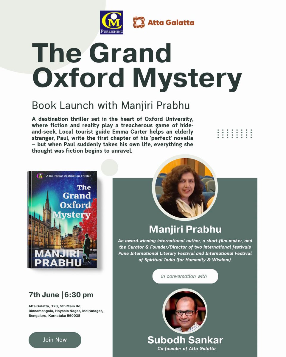 Dr. Manjiri Prabhu (@manjiriprabhu) on Twitter photo Excited about this launch of 'The Grand Oxford Mystery' with the amazing Subodh Sankar in #Bangalore at Atta Galatta Koramangala. Those who can, do come and say hello...😊
<a href="/AttaGalatta/">Atta Galatta</a> <a href="/inBritish/">British Council in India</a> <a href="/albarrett09/">Alison Barrett</a> <a href="/UniofOxford/">University of Oxford</a> #destinationthriller #mysteryfiction #detectivefiction Excited about this launch of 'The Grand Oxford Mystery' with the amazing Subodh Sankar in #Bangalore at Atta Galatta Koramangala. Those who can, do come and say hello...😊
<a href="/AttaGalatta/">Atta Galatta</a> <a href="/inBritish/">British Council in India</a> <a href="/albarrett09/">Alison Barrett</a> <a href="/UniofOxford/">University of Oxford</a> #destinationthriller #mysteryfiction #detectivefiction