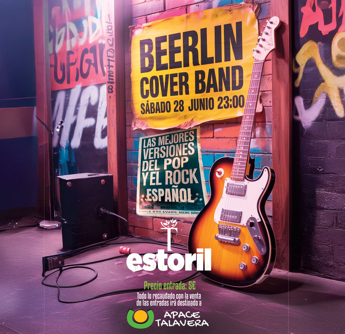 🌟 ¡Llega el EVENTAZO del verano talaverano! 🌟🎤
EL sábado 28 de junio, actuación exclusiva de la increíble BEERLIN COVER BAND en Terraza Estoril.
🎸 La mejor banda de versiones pop/rock nacional
🎟️ Entrada: solo 5€ y 100% solidaria
💚 Todo lo recaudado irá destinado a APACE