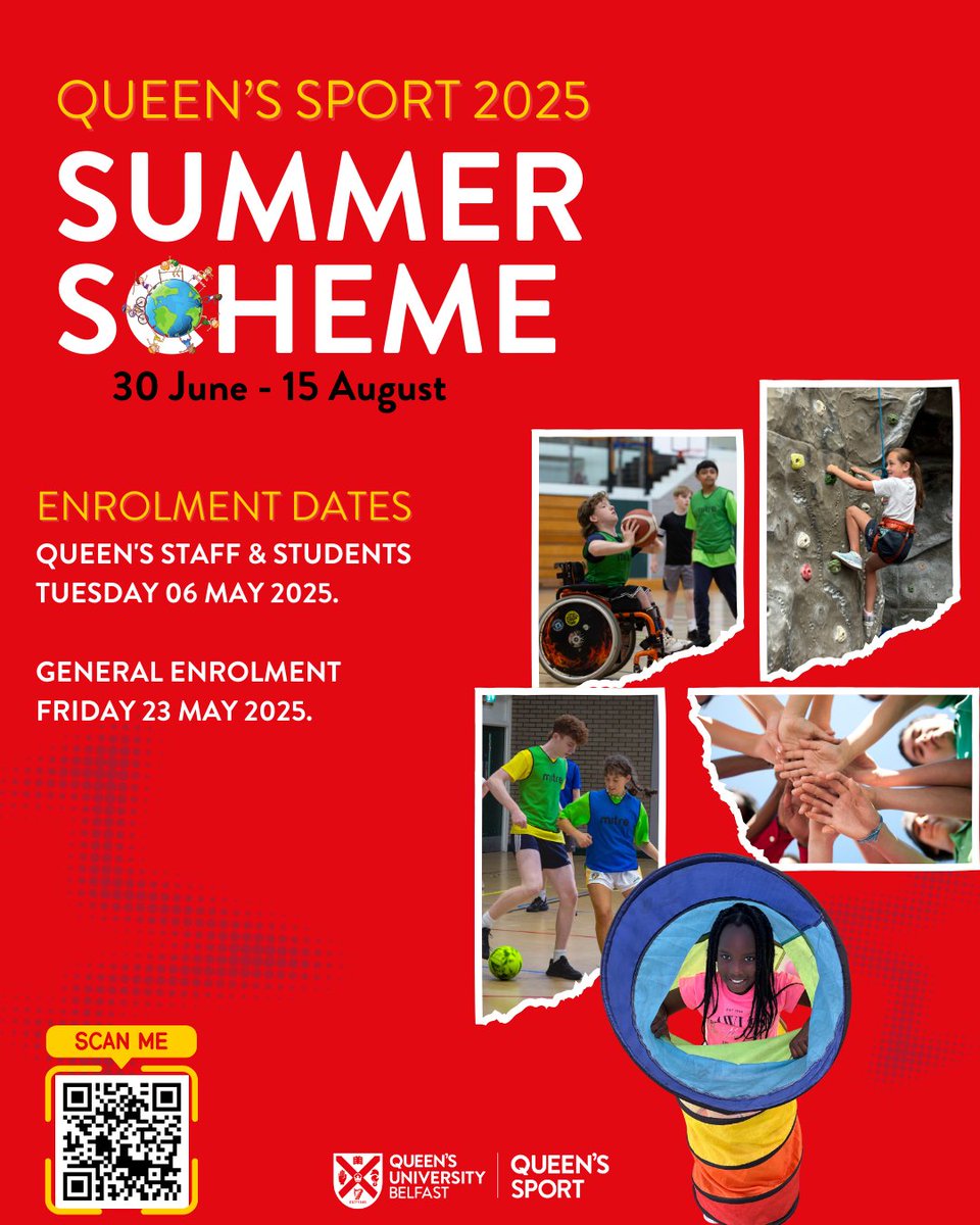📢Book your place – Queen’s Sport Summer Scheme is back!
Running 30 June – 15 August, our action-packed Summer Scheme is open to children aged 6–14.

📅 Enrolment opens Friday 23 May – open to all.

📲 Head to our website for full info.ow.ly/KON750VWXM3