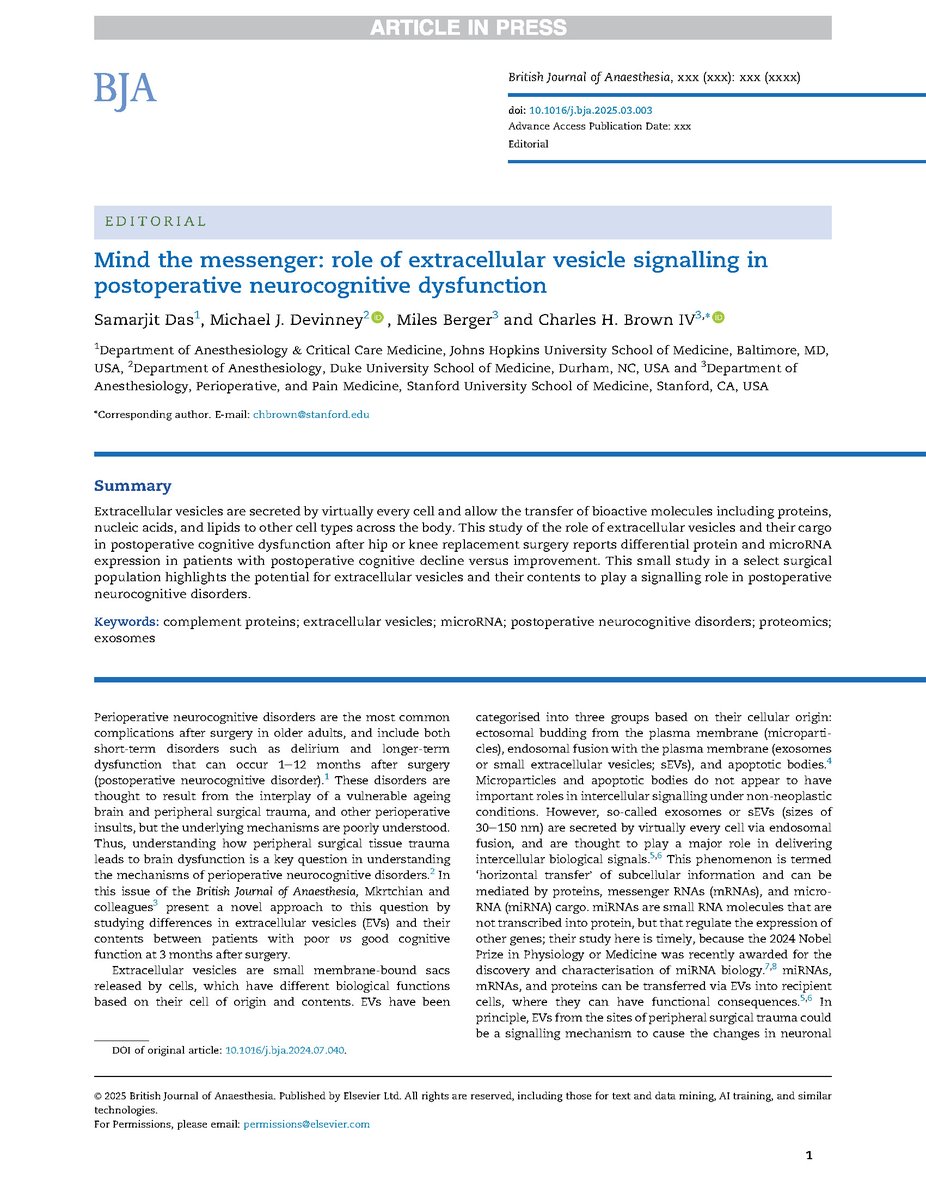 BJAJournals's tweet image. Perioperative neurocognitive disorders #POCD are common in older adults. Extracellular vesicles from peripheral surgical trauma may be a signalling mechanism causing neurological changes that could underlie POCD bjanaesthesia.org/article/S0007-…