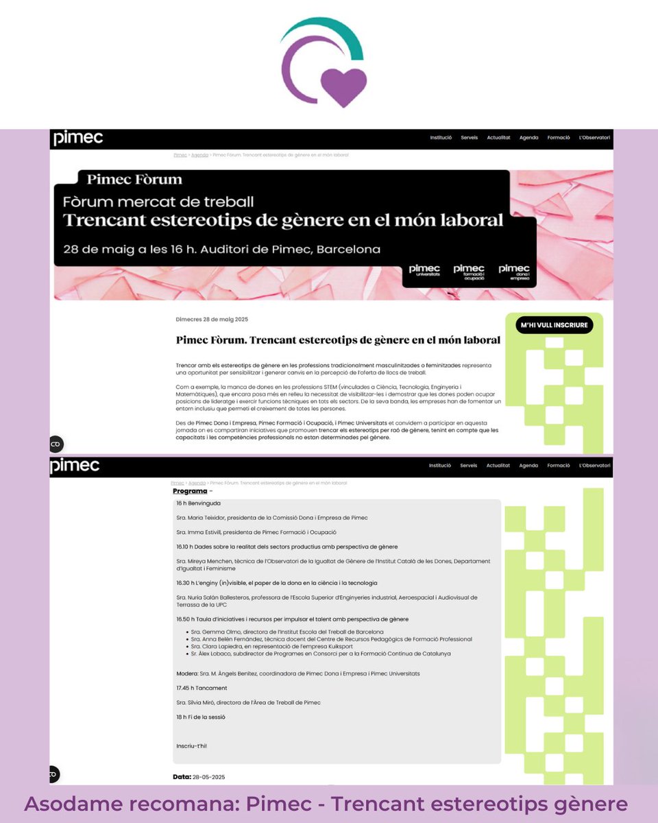 📅#Asodame recomana <a href="/Pimec/">Pimec</a> 28/5/25 &gt; 16h organitza una jornada per trencar estereotips de gènere al món laboral ➡️Viladomat, 174 Bcn➡️ Gratuït! No t'ho perdis! #IgualtatLaboral #PIMEC #EstereotipsDeGènere➡️Gratuït! No t'ho perdis! pimec.org/agenda/acte/n/…