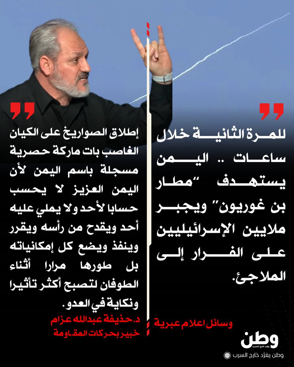 وطن. يغرد خارج السرب (@watanserb_news) on Twitter photo 🔴د.حذيفة عبدالله عزام <a href="/huthaifaabdulah/">د.حذيفة عبدالله عزام</a>: "إطلاق الصواريخ على الكـ..ـيان الغـ..ـاصـ..ـب بات ماركة حصرية مسجلة باسم #اليمن لأن اليمن العزيز لا يحسب حسابا لأحد .." 🔴د.حذيفة عبدالله عزام <a href="/huthaifaabdulah/">د.حذيفة عبدالله عزام</a>: "إطلاق الصواريخ على الكـ..ـيان الغـ..ـاصـ..ـب بات ماركة حصرية مسجلة باسم #اليمن لأن اليمن العزيز لا يحسب حسابا لأحد .."