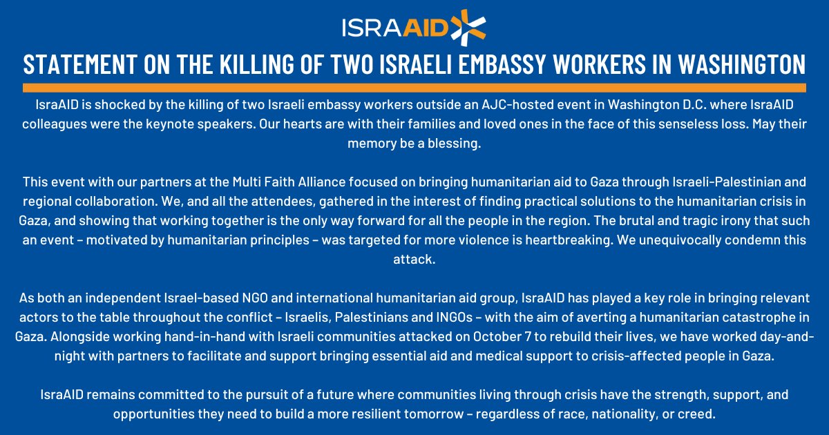 IsraAID is shocked by the killing of two Israeli embassy workers outside an AJC-hosted event in Washington D.C. where IsraAID colleagues were the keynote speakers. Our hearts are with their families and loved ones in the face of this senseless loss.
bit.ly/3SjapaJ